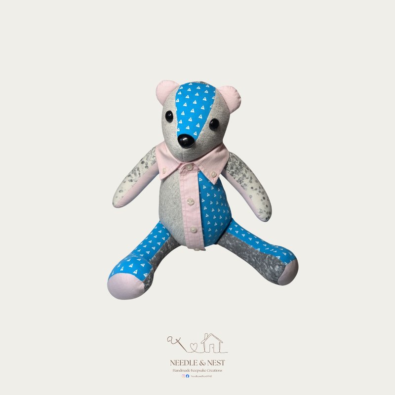 Handmade memory bear by Needle and Nest made from blue polka dot and pink baby clothing - personalised keepsake