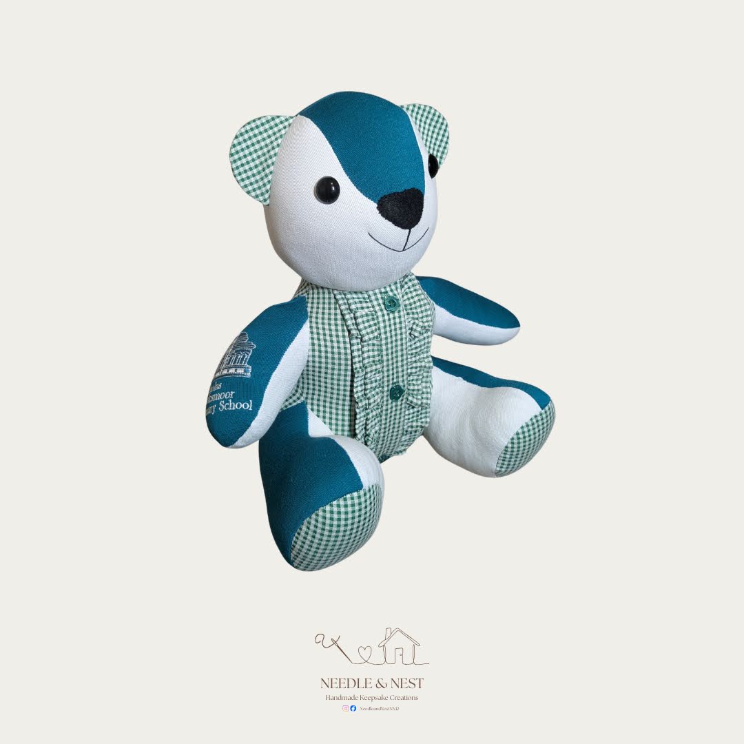 Handmade memory bear made from Nicholas Hawksmoor school uniform clothing with embroidered details