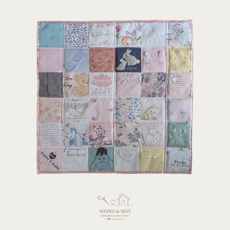 Large patchwork memory blanket by Needle and Nest made from baby girl clothing with bunny, floral and pastel print squares