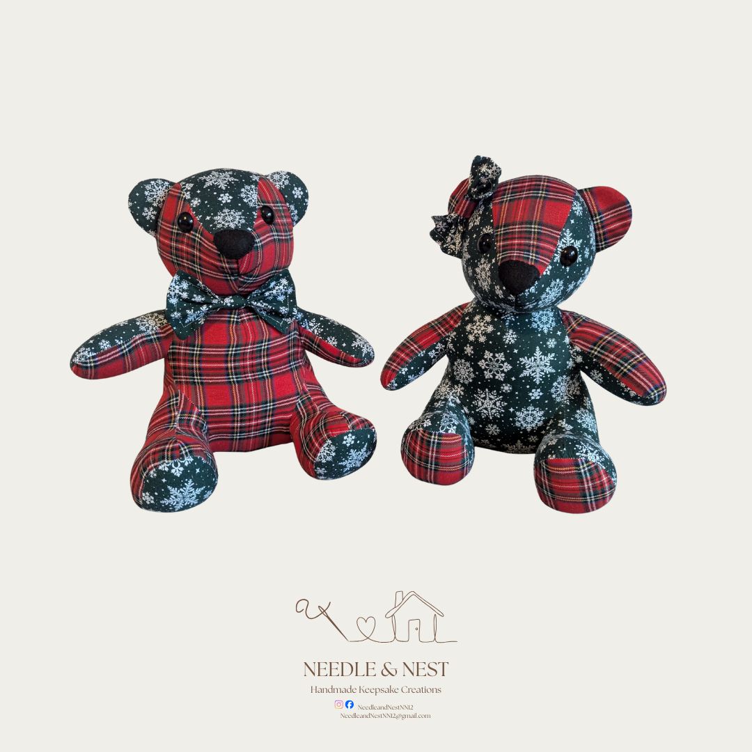 Pair of Christmas memory bears made from tartan and snowflake fabric with bow tie and hair bow details