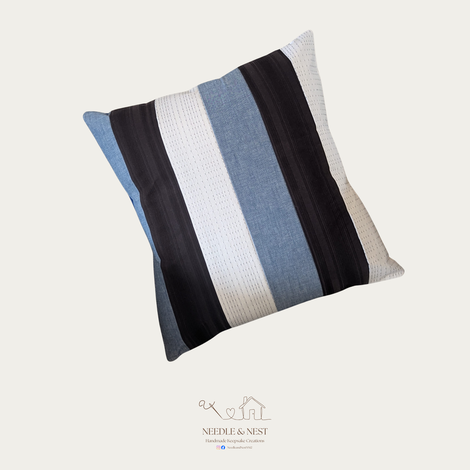 Handmade memory cushion by Needle and Nest made from upcycled striped clothing in blue, black and cream - personalised keepsake gift