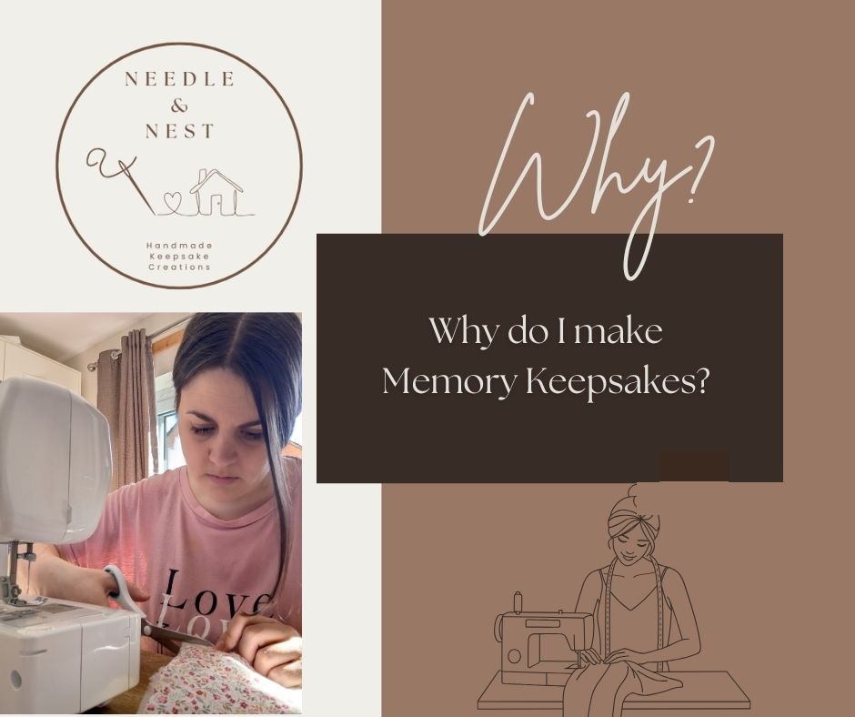 Debs, founder of Needle and Nest, sewing memory keepsakes in her workshop in Towcester