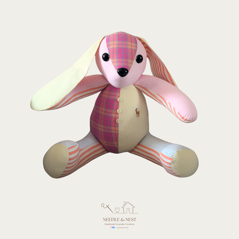 Handmade memory rabbit by Needle and Nest made from pink tartan and cream baby clothing - personalised keepsake gift