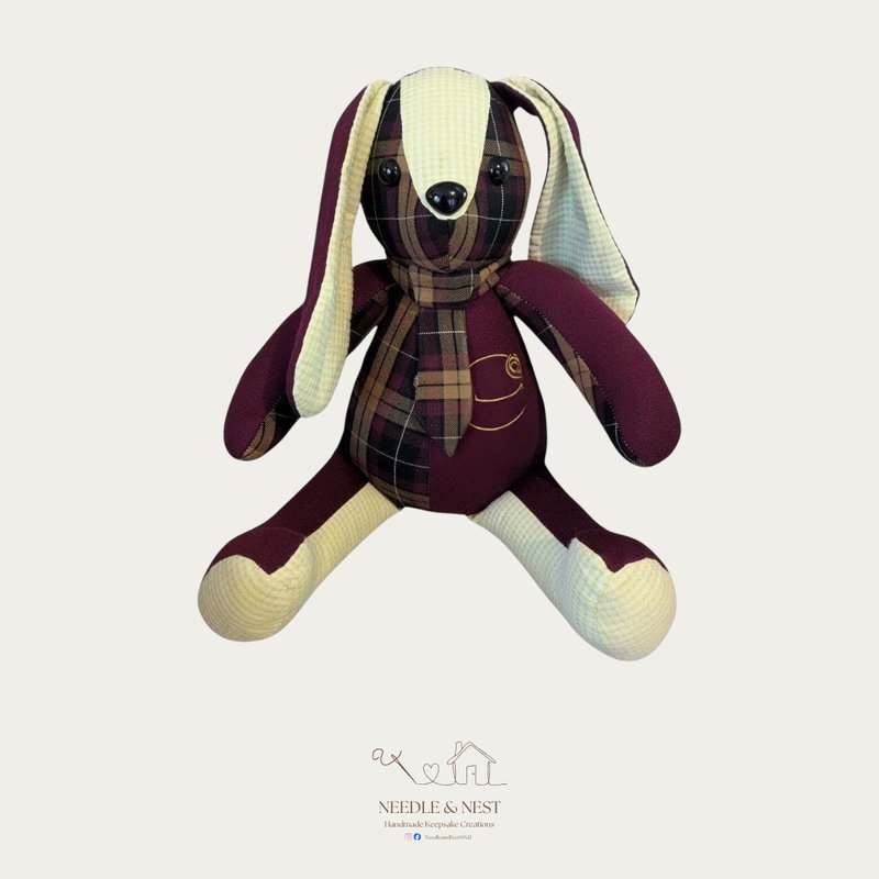 School uniform memory rabbit by Needle and Nest made from burgundy and tartan school clothing - personalised leaver's keepsake