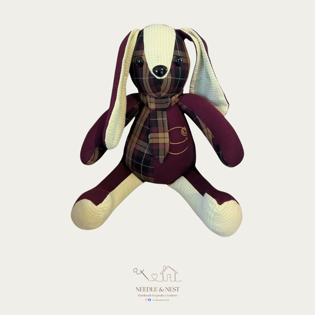 School uniform memory rabbit made from maroon and tartan school clothing
