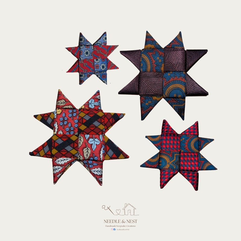 Handmade bespoke tie stars by Needle and Nest crafted from colourful patterned neckties in red, navy and burgundy - unique memorial keepsake