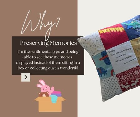 Preserving memories - patchwork memory cushion made from children's clothing displayed as a keepsake instead of sitting in a box